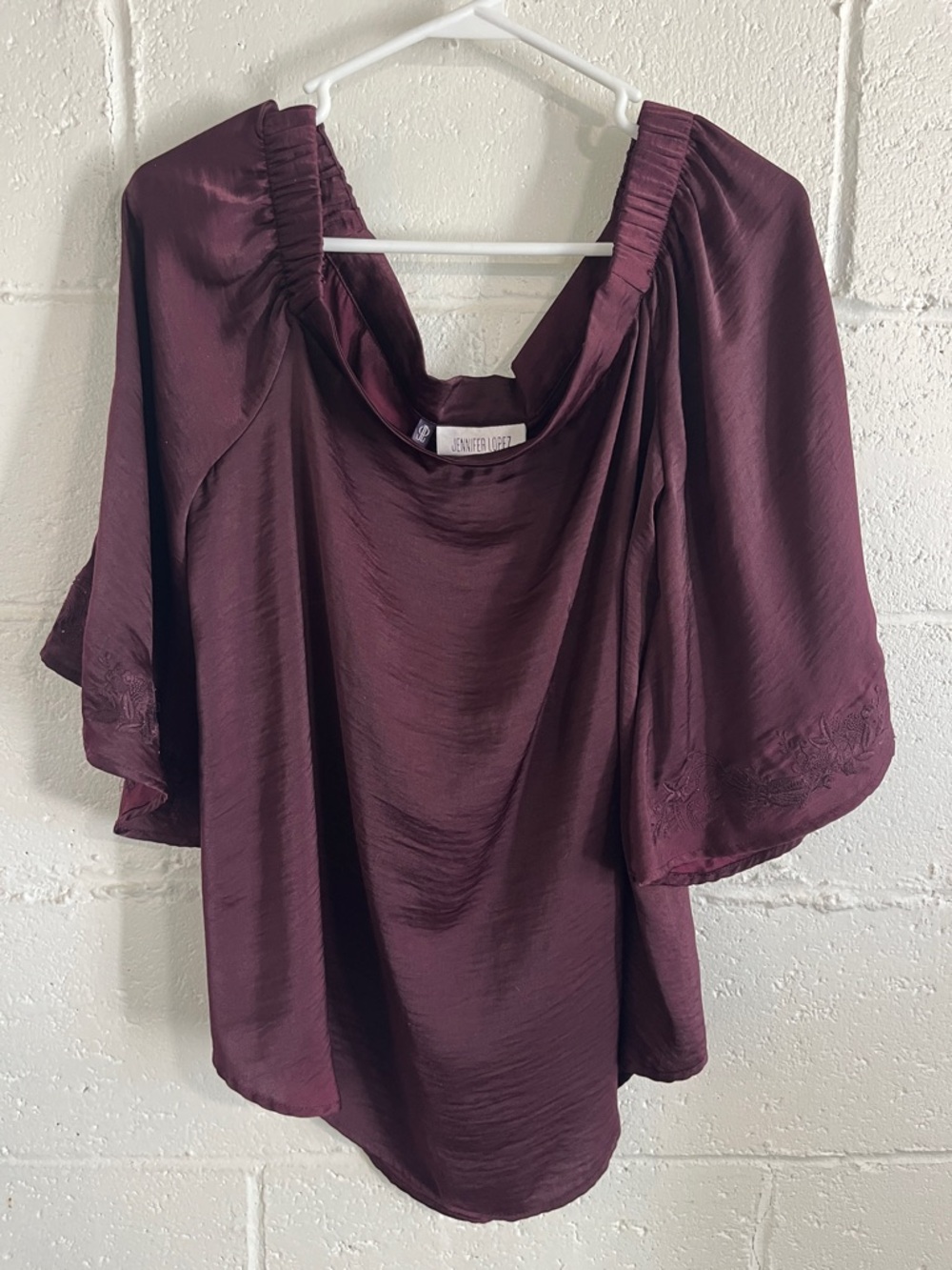 Jennifer Lopez Plum Embroidered Sleeve Off-Shoulder Blouse